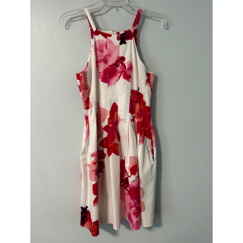 Calvin Klein Pink Red White Floral Orchid Halter Fit Flare Dress Pockets Size 4